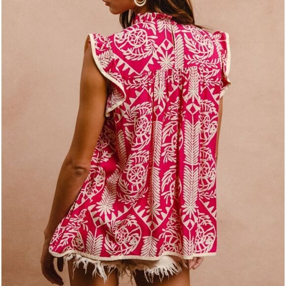 **BiBi Printed Ruffle Sleeve Top Pink and White Batik Print Women's Top - Picture 13 of 15